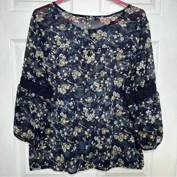Denver Hayes  Boho Blouse Sheet Flowy Floral Blue/White/Brown Size Extra Large - Picture 13 of 16
